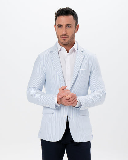 State & Liberty - Athletic Fit Stretch Blazer - Light Blue & White Seersucker