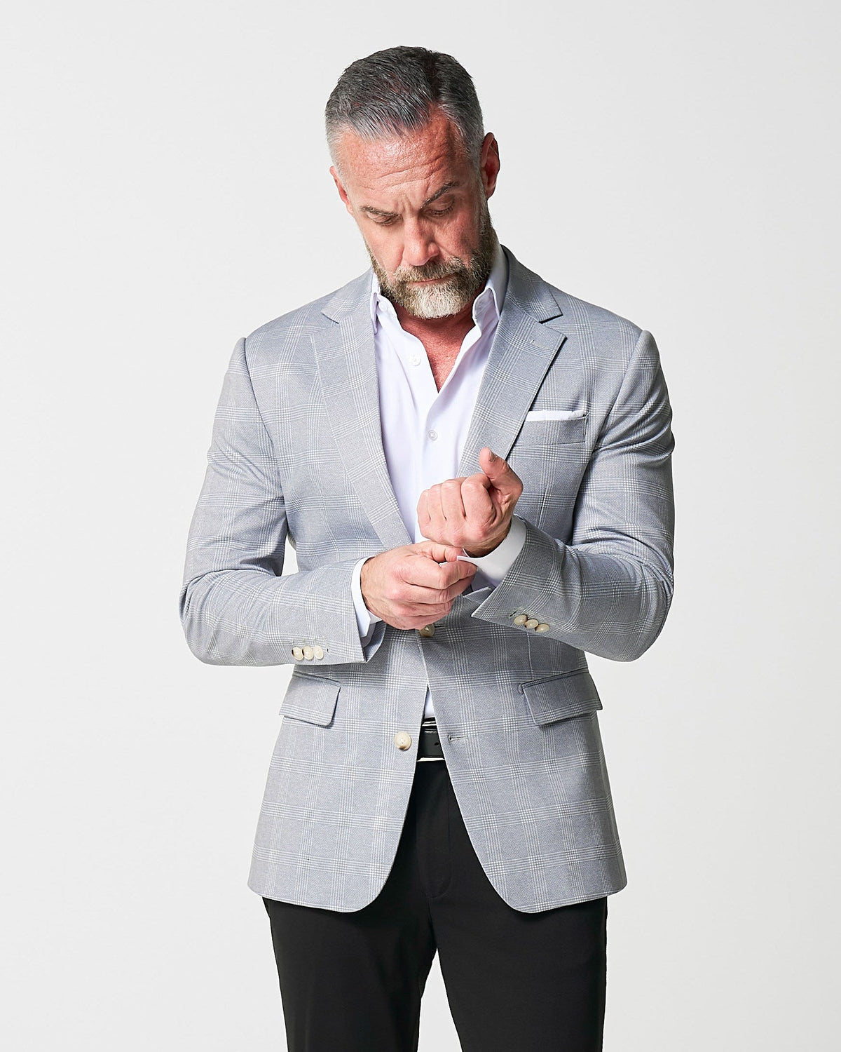 State & Liberty - Athletic Fit Stretch Blazer - Ash Grey with White Plaid