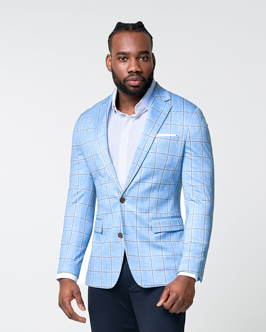State & Liberty - Athletic Fit Stretch Blazer - Light Blue and Brown Big Windowpane