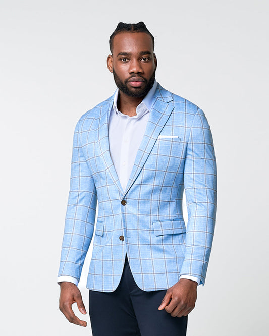 State & Liberty - Athletic Fit Stretch Blazer - Light Blue and Brown Big Windowpane