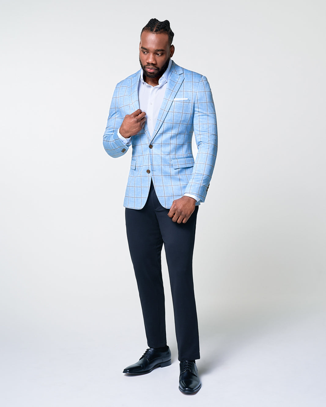 State & Liberty - Athletic Fit Stretch Blazer - Light Blue and Brown Big Windowpane