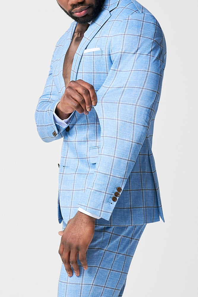 State & Liberty - Athletic Fit Stretch Blazer - Light Blue and Brown Big Windowpane