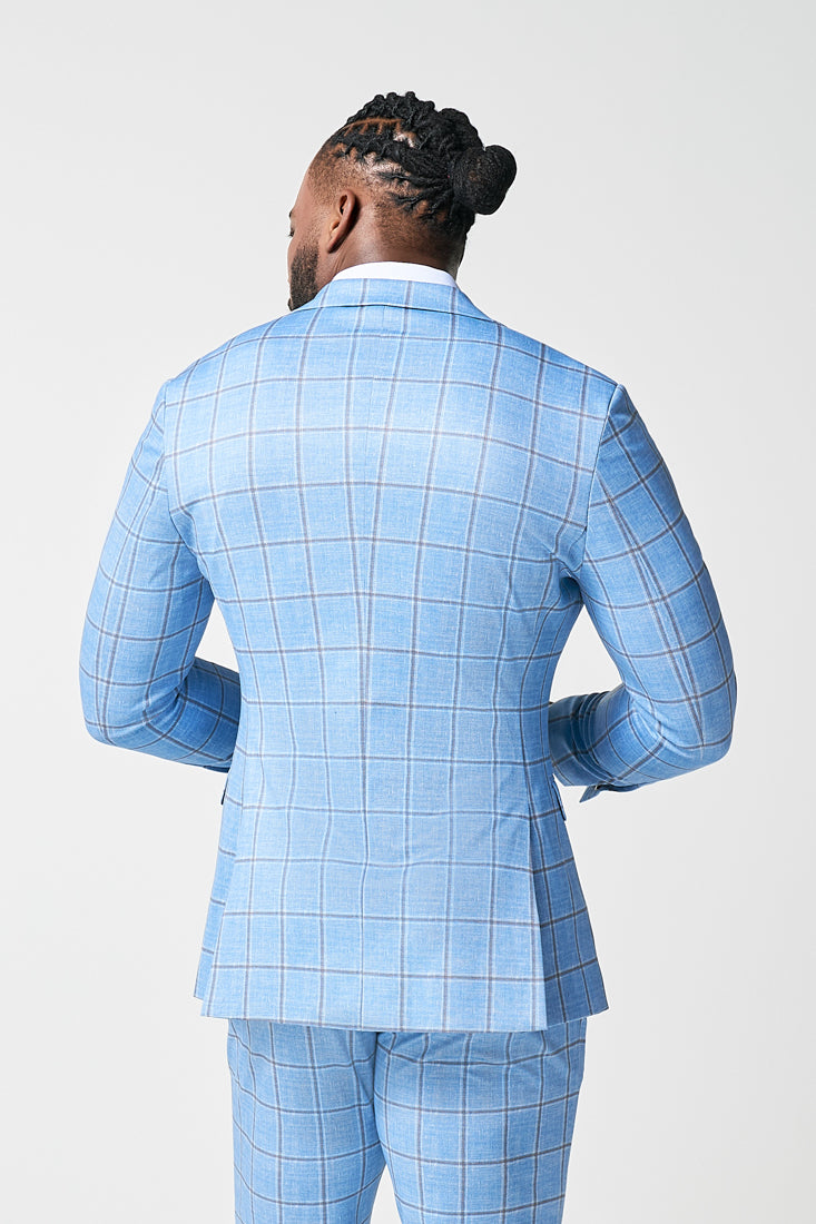 State & Liberty - Athletic Fit Stretch Blazer - Light Blue and Brown Big Windowpane