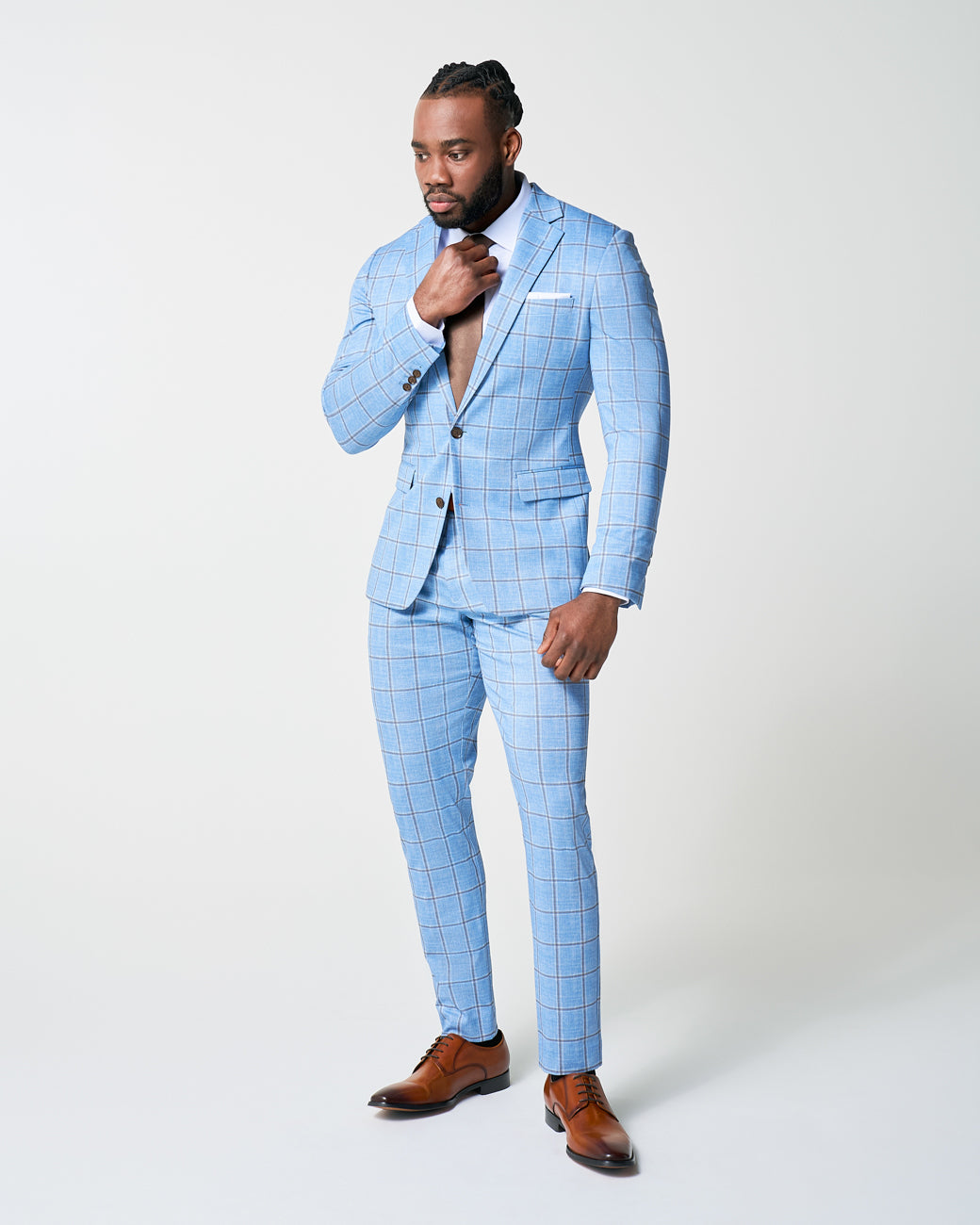 State & Liberty - Athletic Fit Stretch Blazer - Light Blue and Brown Big Windowpane