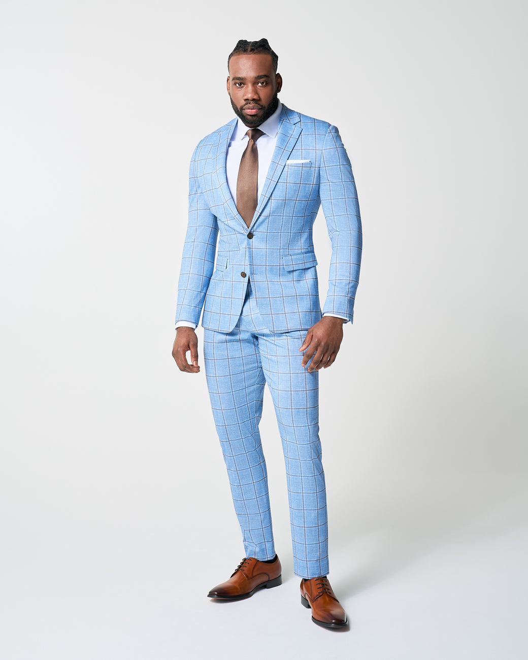 State & Liberty - Athletic Fit Stretch Blazer - Light Blue and Brown Big Windowpane