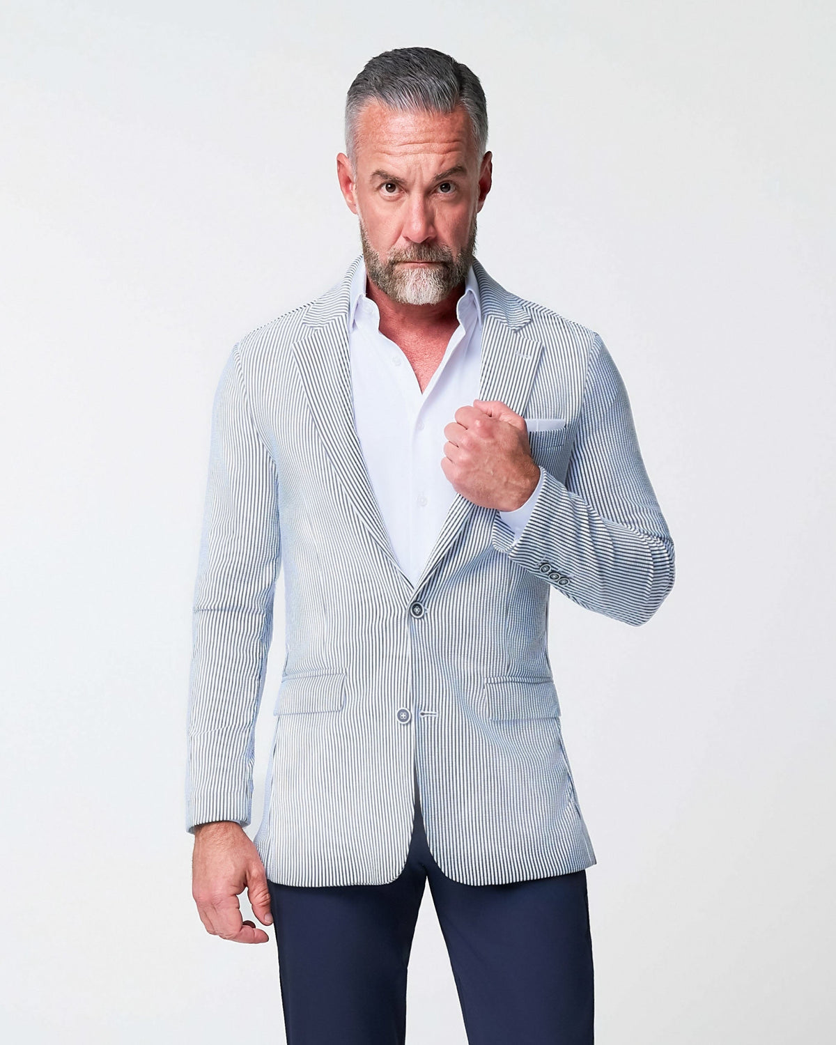 State & Liberty - Athletic Fit Stretch Blazer - Navy & White Seersucker