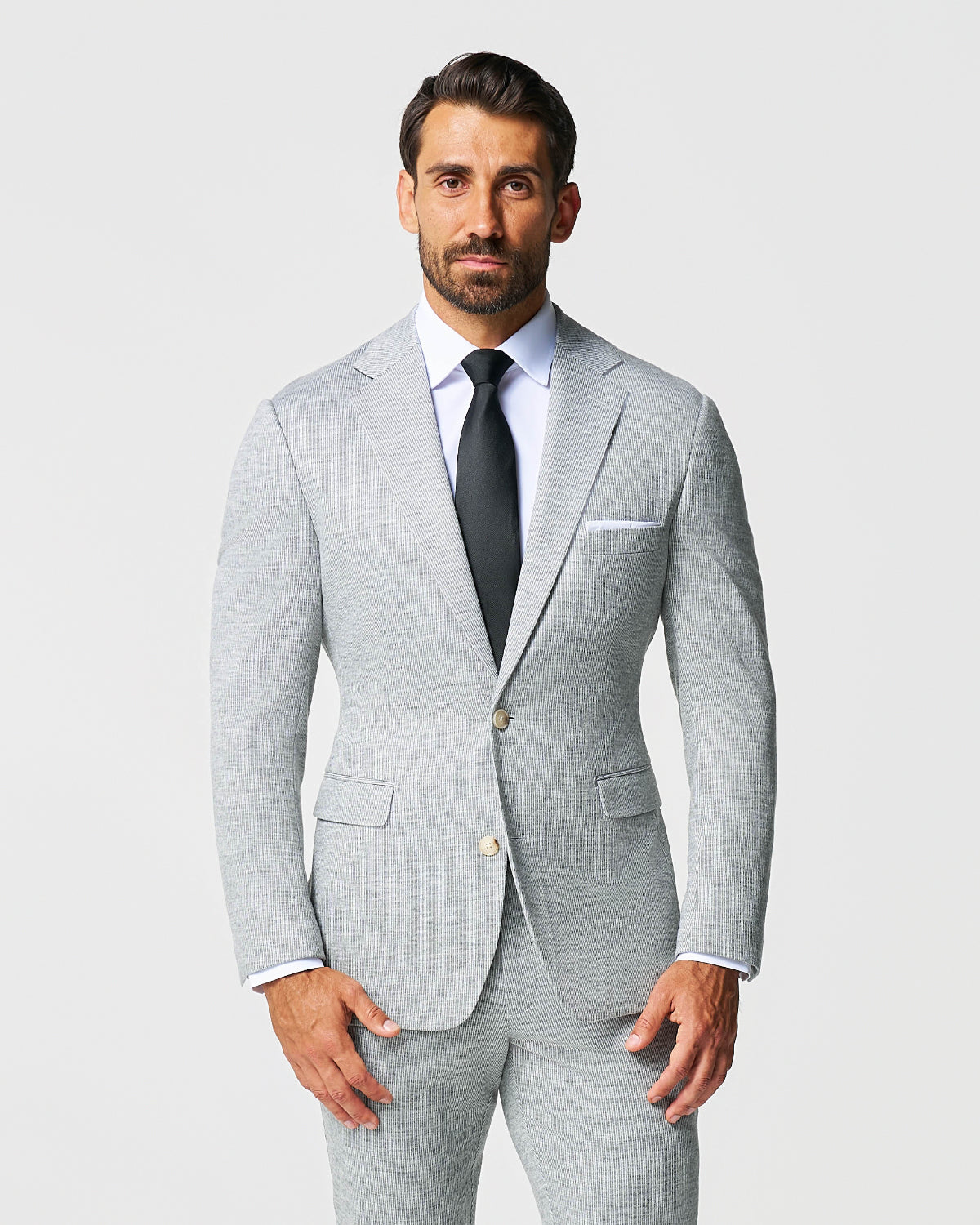 State & Liberty - Athletic Fit Stretch Wool Blazer - Light Grey with White Mini Stripe