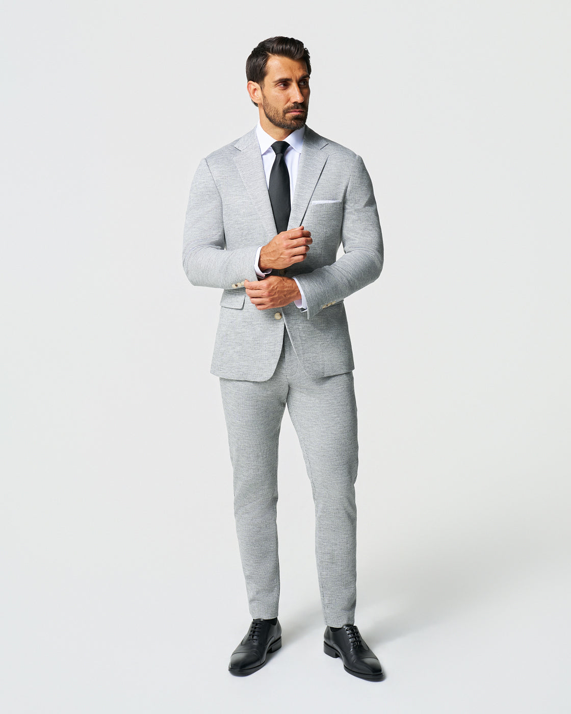 State & Liberty - Athletic Fit Stretch Wool Blazer - Light Grey with White Mini Stripe