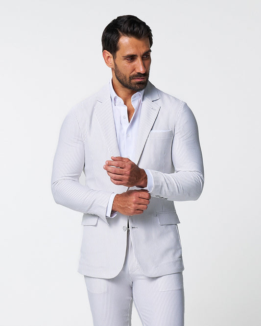 State & Liberty - Athletic Fit Stretch Blazer - Grey & White Seersucker