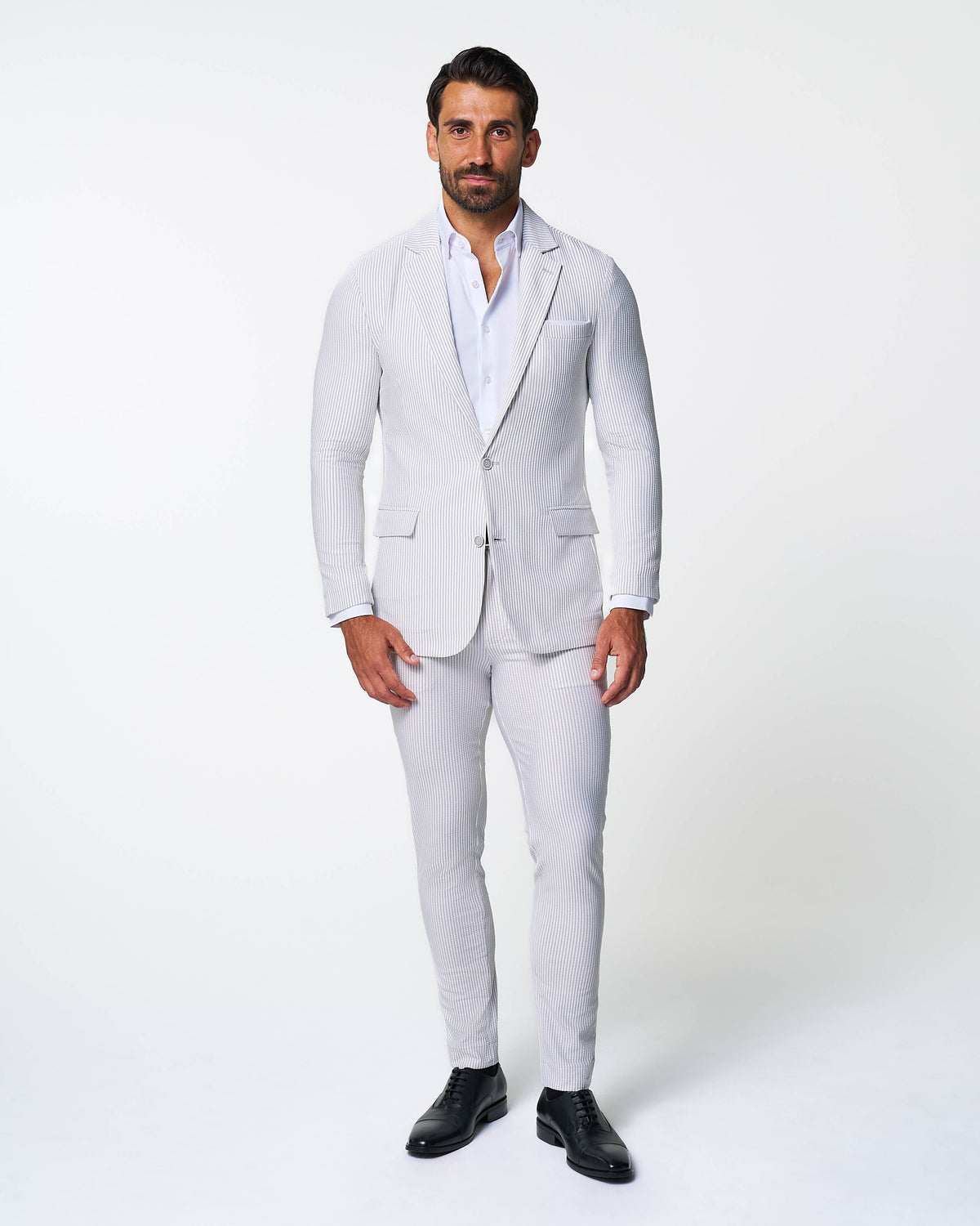 State & Liberty - Athletic Fit Stretch Blazer - Grey & White Seersucker