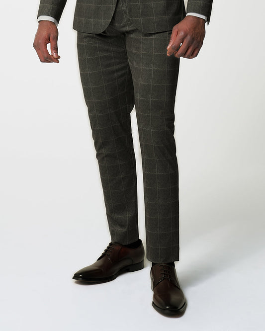 State & Liberty - Athletic Fit Stretch Suit Pants - Olive with White Windowpane