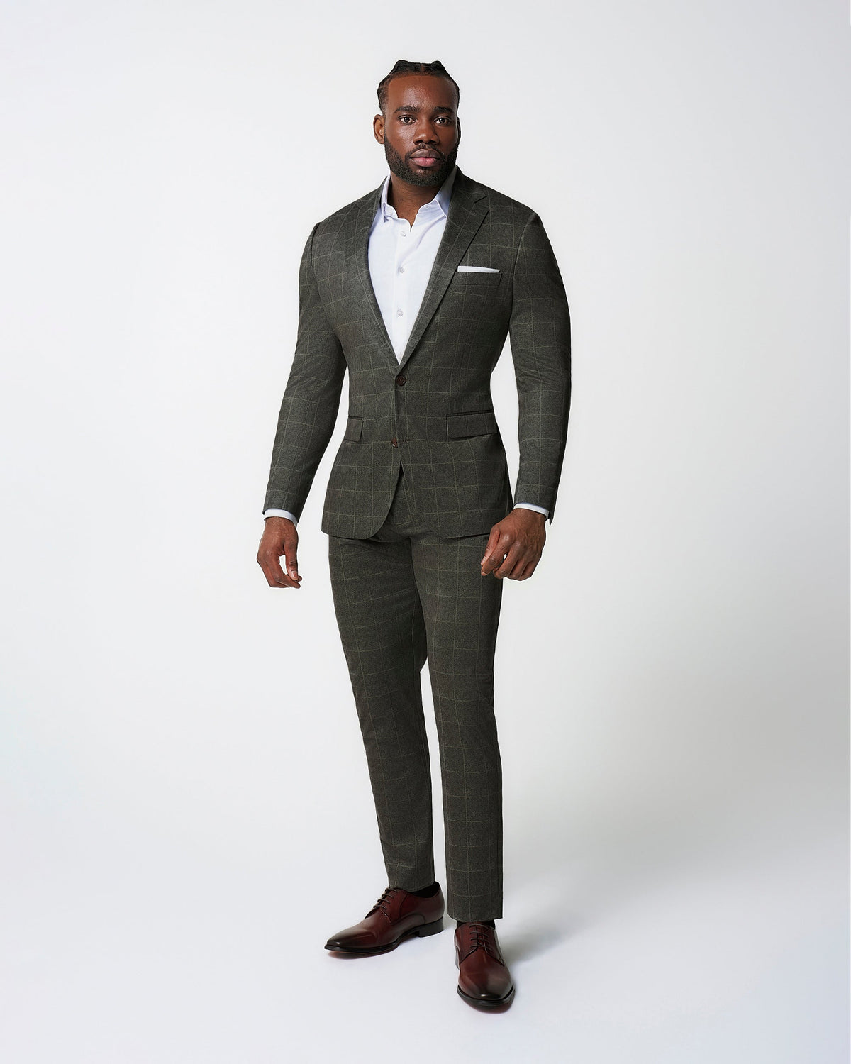 State & Liberty - Athletic Fit Stretch Suit Pants - Olive with White Windowpane