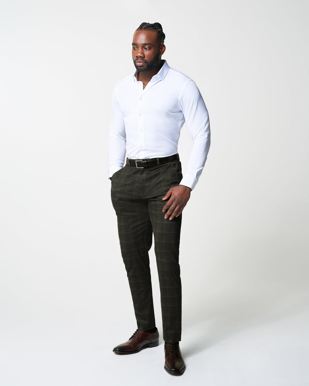 State & Liberty - Athletic Fit Stretch Suit Pants - Olive with White Windowpane