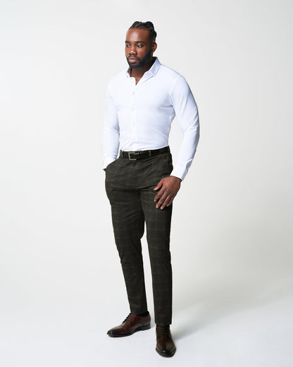 State & Liberty - Athletic Fit Stretch Suit Pants - Olive with White Windowpane