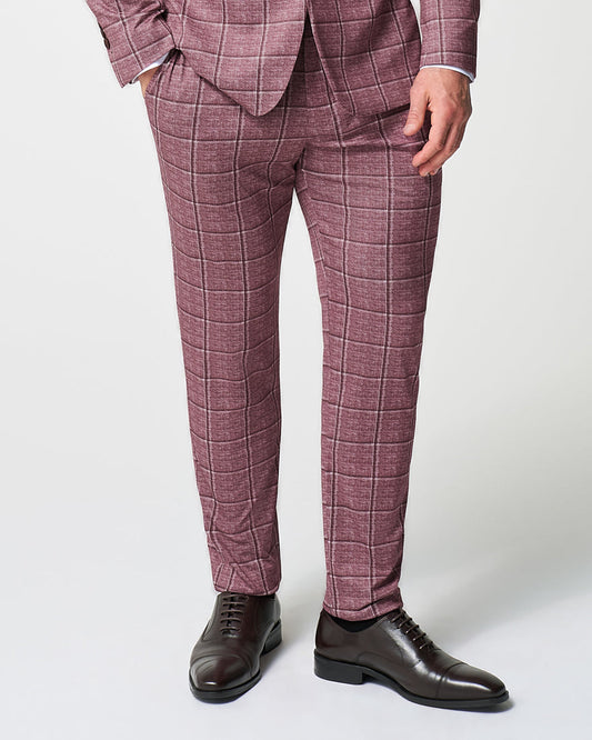 State & Liberty - Athletic Fit Stretch Suit Pants - Crimson with Burgundy Big Windowpane