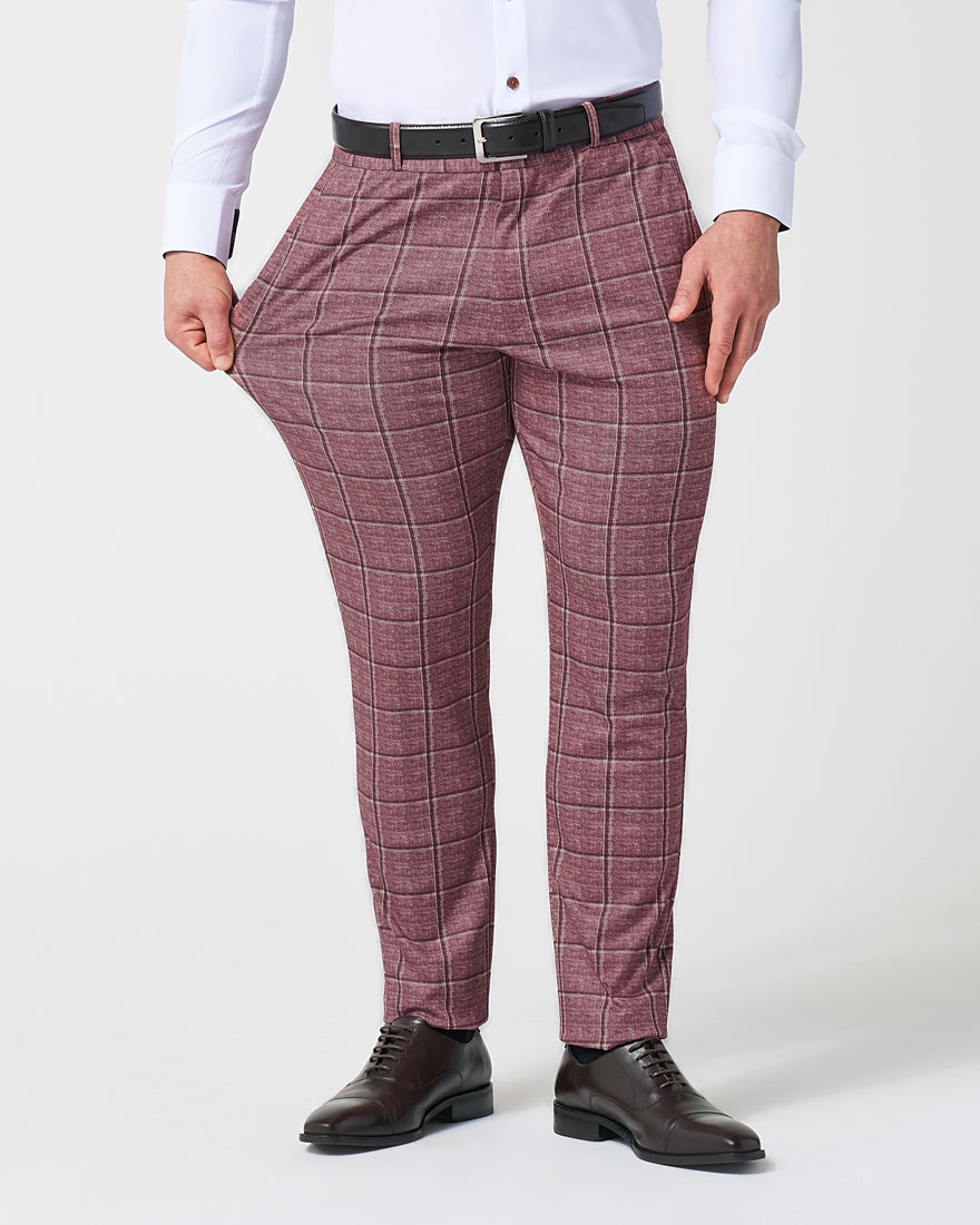 State & Liberty - Athletic Fit Stretch Suit Pants - Crimson with Burgundy Big Windowpane