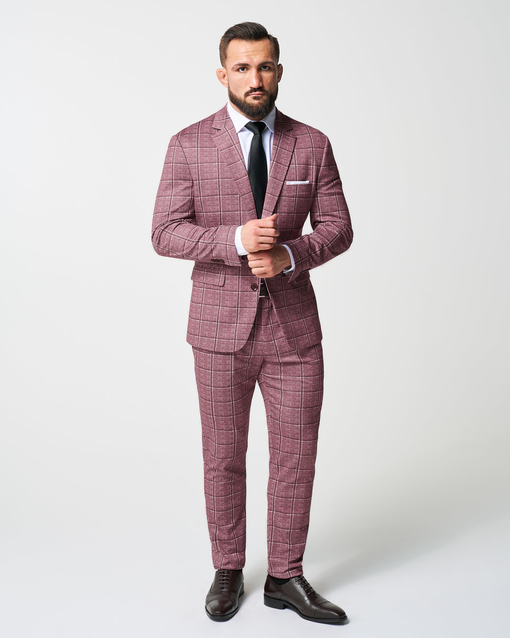 State & Liberty - Athletic Fit Stretch Suit Pants - Crimson with Burgundy Big Windowpane