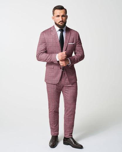 State & Liberty - Athletic Fit Stretch Suit Pants - Crimson with Burgundy Big Windowpane