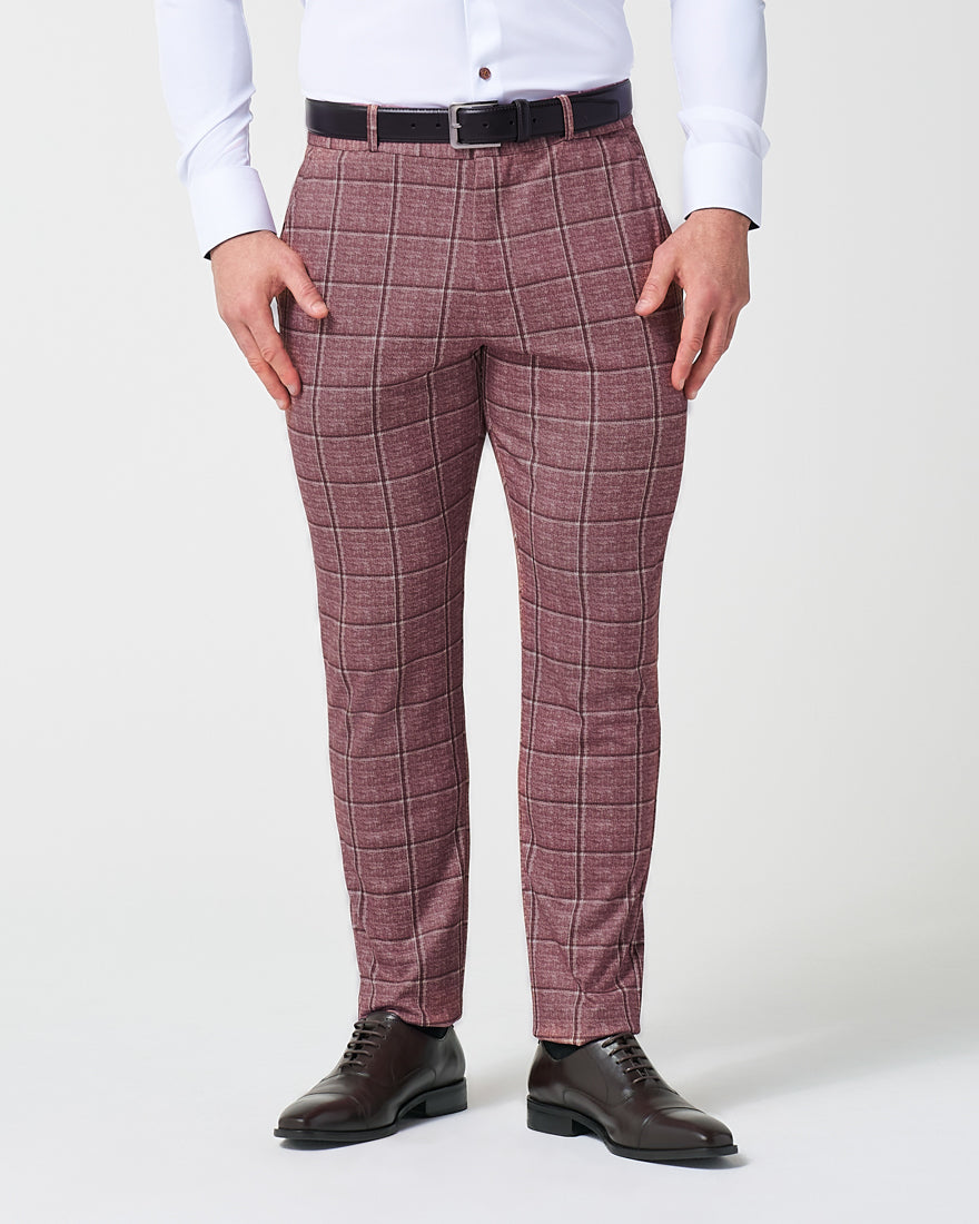 State & Liberty - Athletic Fit Stretch Suit Pants - Crimson with Burgundy Big Windowpane
