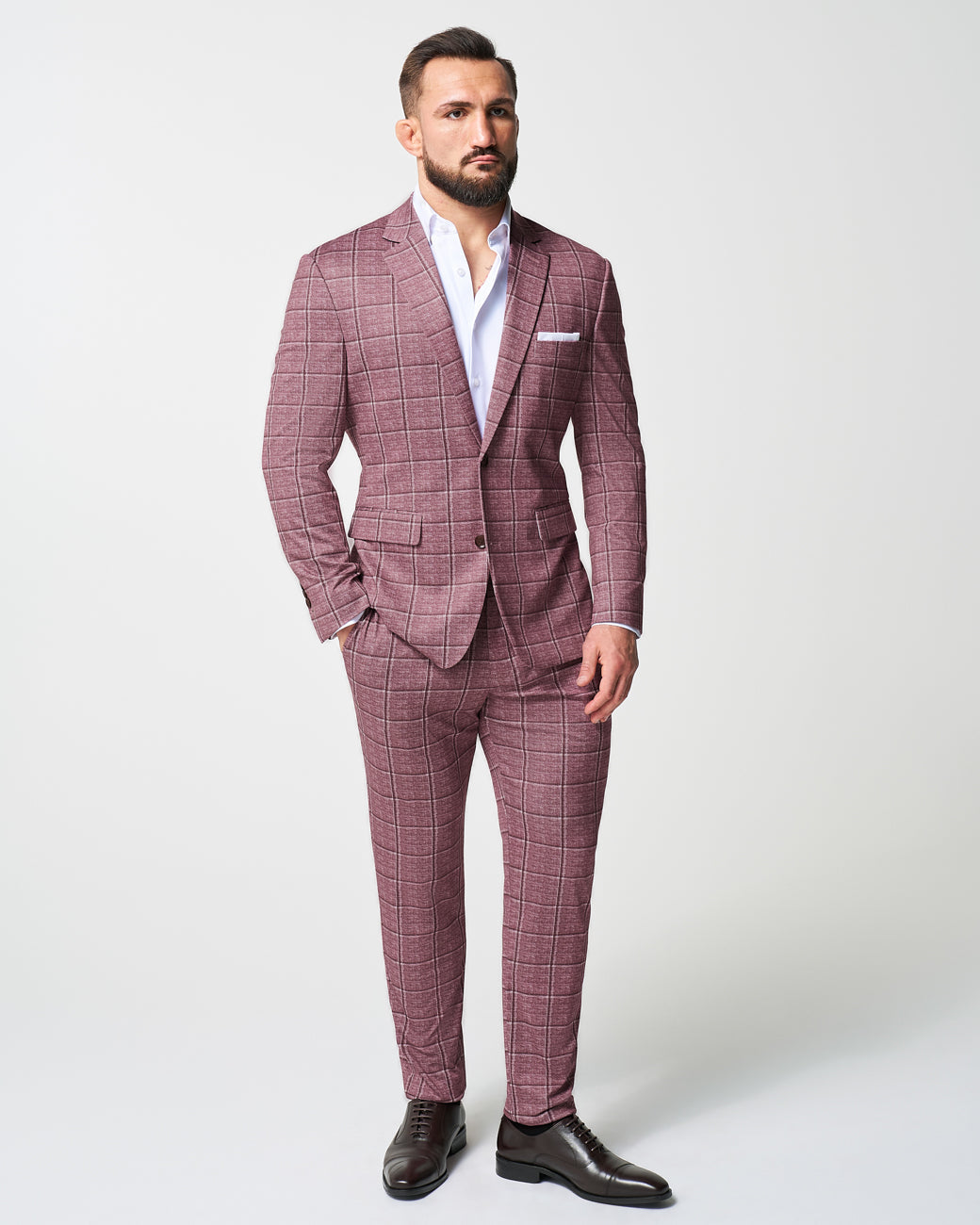 State & Liberty - Athletic Fit Stretch Suit Pants - Crimson with Burgundy Big Windowpane