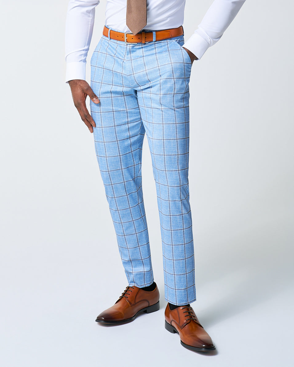 State & Liberty - Athletic Fit Stretch Suit Pants - Light Blue and Brown Big Windowpane