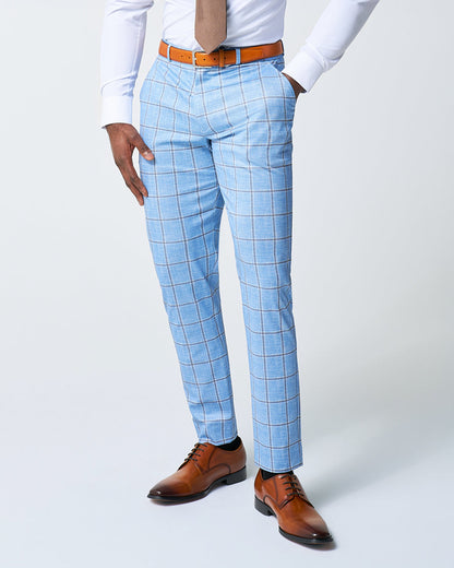 State & Liberty - Athletic Fit Stretch Suit Pants - Light Blue and Brown Big Windowpane