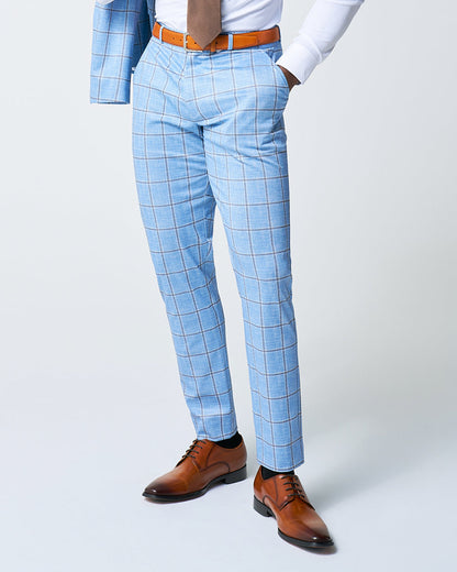 State & Liberty - Athletic Fit Stretch Suit Pants - Light Blue and Brown Big Windowpane