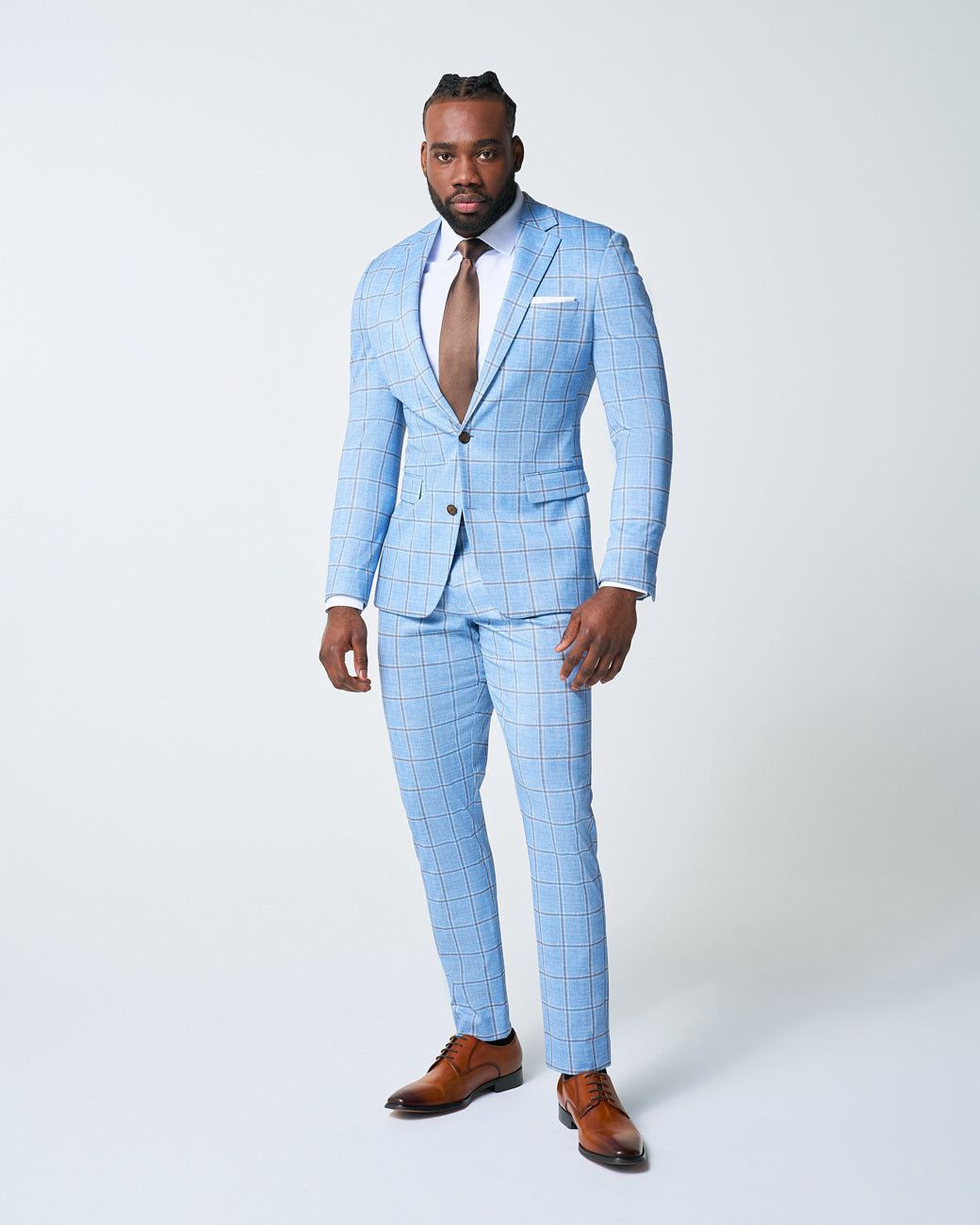 State & Liberty - Athletic Fit Stretch Suit Pants - Light Blue and Brown Big Windowpane