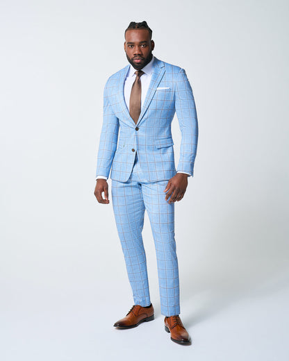 State & Liberty - Athletic Fit Stretch Suit Pants - Light Blue and Brown Big Windowpane