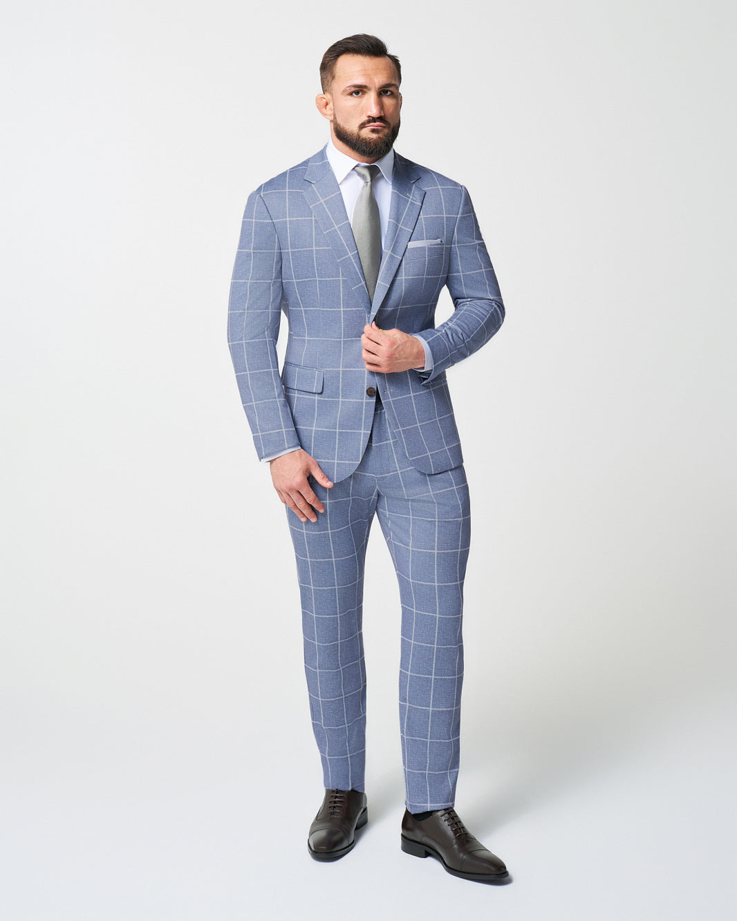 State & Liberty - Athletic Fit Stretch Suit Pants - Textured Light Blue with White Windo