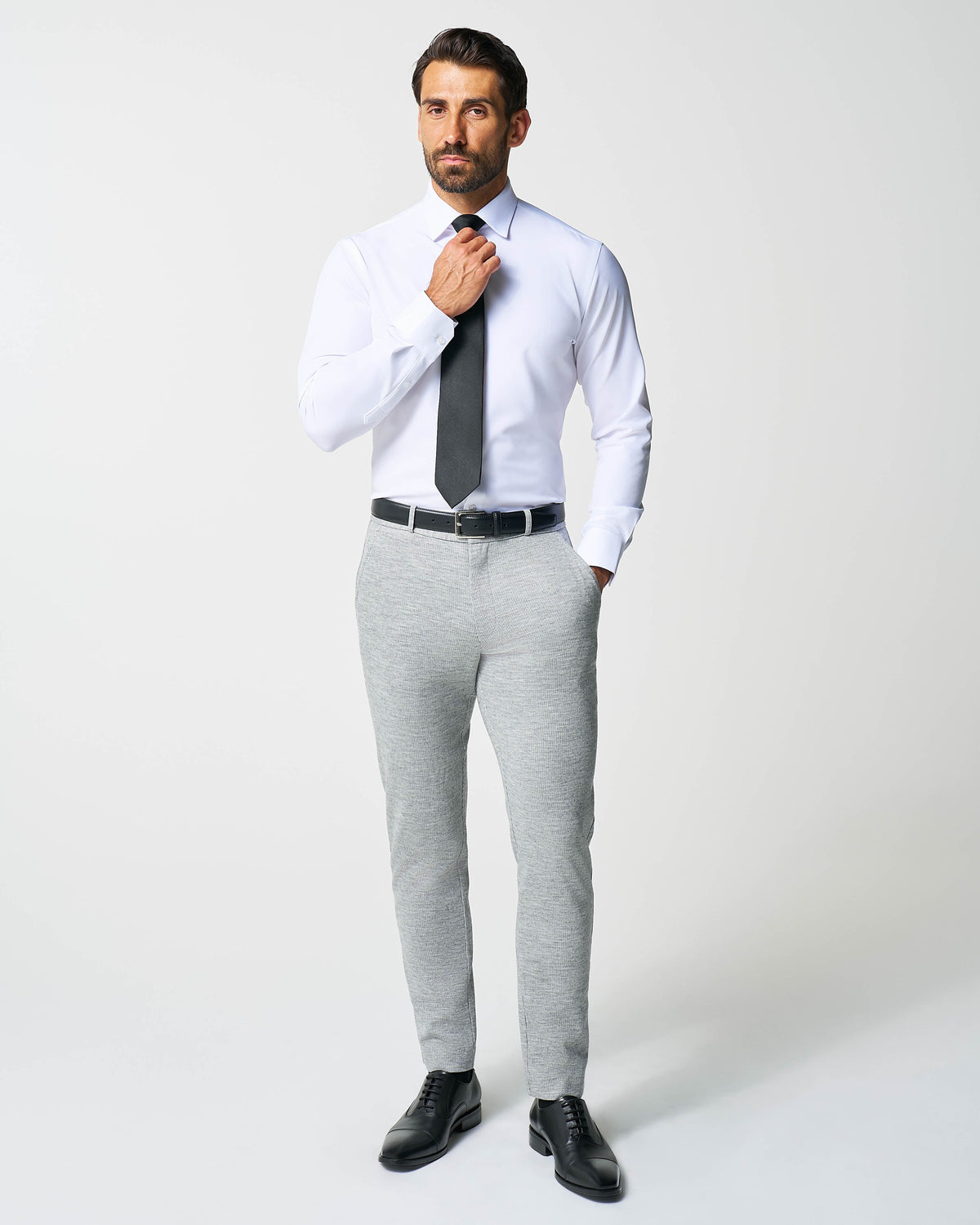State & Liberty - Athletic Fit Stretch Wool Suit Pants - Light Grey with White Mini Stri