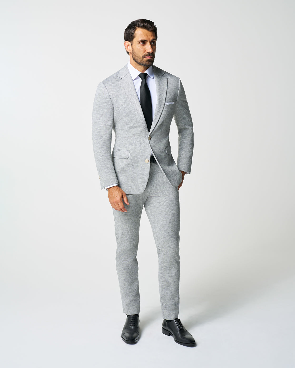 State & Liberty - Athletic Fit Stretch Wool Suit Pants - Light Grey with White Mini Stri