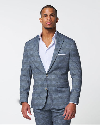 State & Liberty - Athletic Fit Stretch Blazer - Knit Light Blue, Navy & White Plaid
