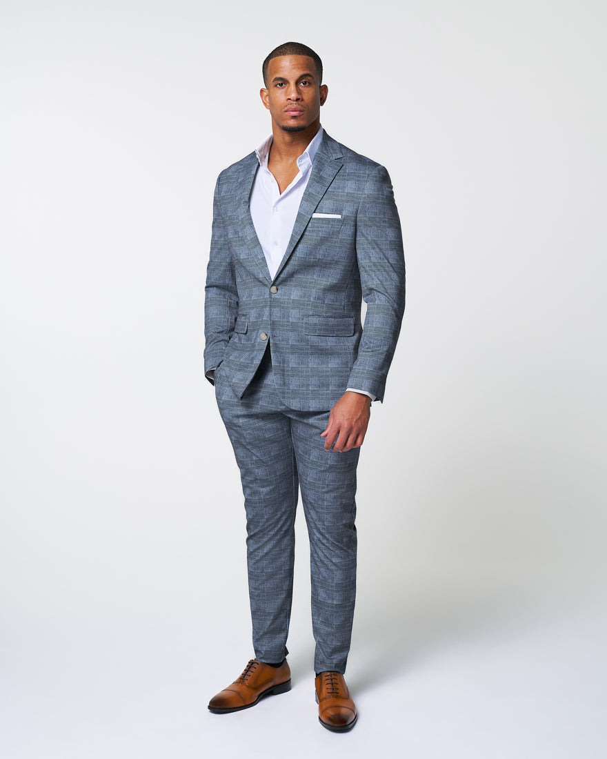 State & Liberty - Athletic Fit Stretch Blazer - Knit Light Blue, Navy & White Plaid