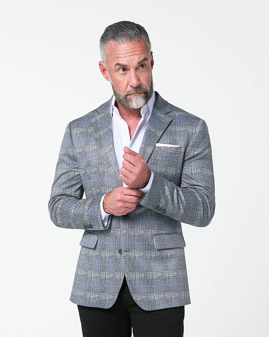 State & Liberty - Athletic Fit Stretch Blazer - Grey with Blue Plaid