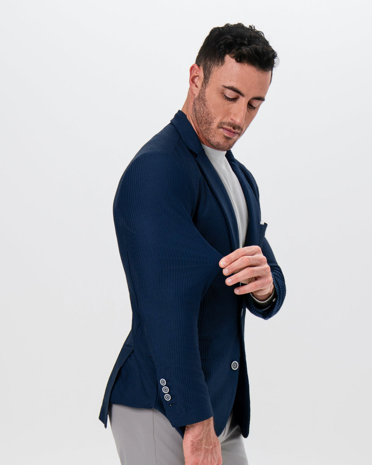 State & Liberty - Athletic Fit Stretch Blazer - Navy Seersucker