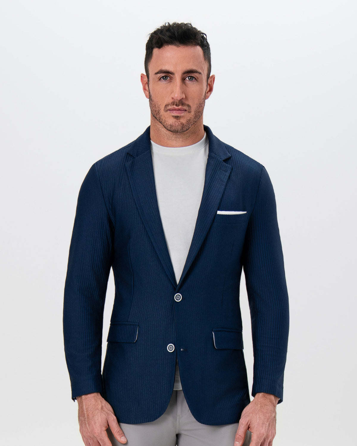 State & Liberty - Athletic Fit Stretch Blazer - Navy Seersucker
