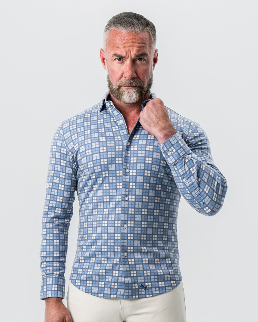 State & Liberty - "The Ellis" Blue, Tan & Teal Plaid Button Down