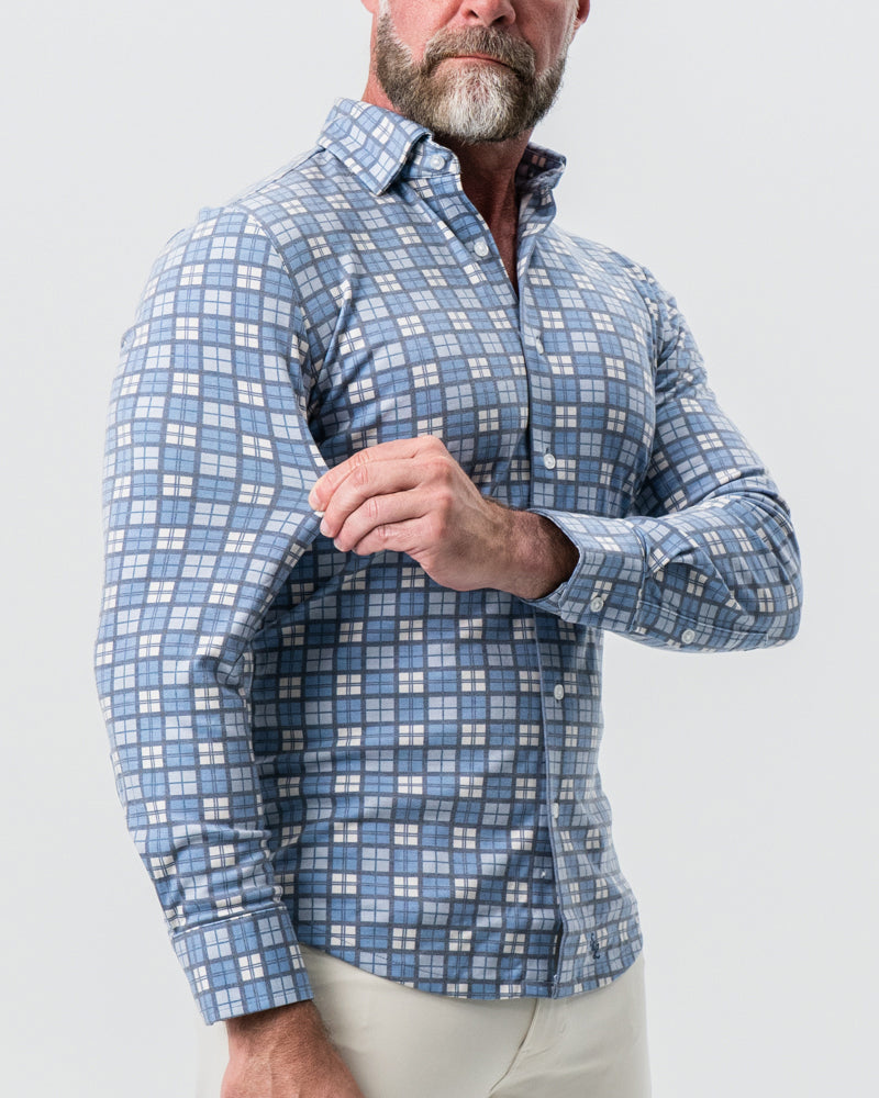 State & Liberty - "The Ellis" Blue, Tan & Teal Plaid Button Down