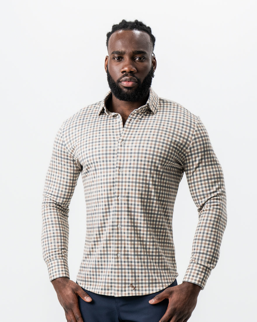 State & Liberty - "The Palmer" Brown, Grey, and White Gingham Button Down