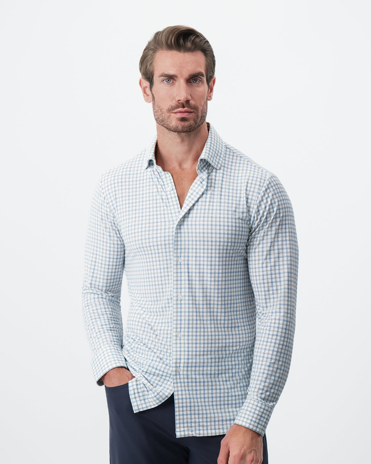 State & Liberty - "The Dime" Sport Shirt - White, Grey & Light Blue Windowpane
