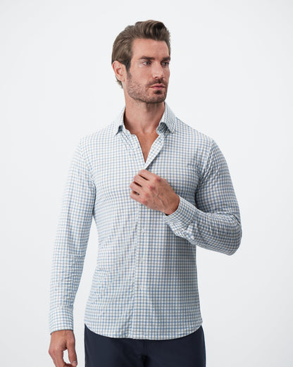 State & Liberty - "The Dime" Sport Shirt - White, Grey & Light Blue Windowpane