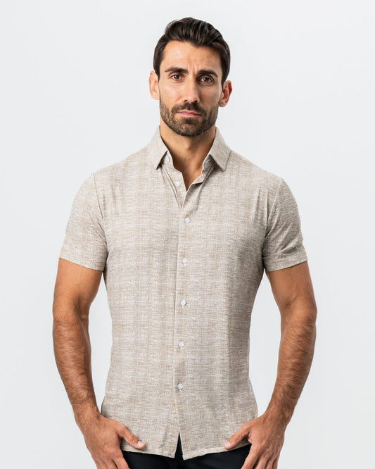 State & Liberty - "The Giovanni" Printed Linen Olive Short Sleeve Button Down
