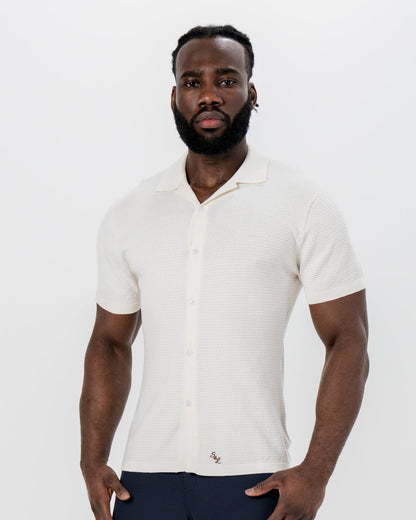 State & Liberty - Textured Knit Short Sleeve Button Down - Tan