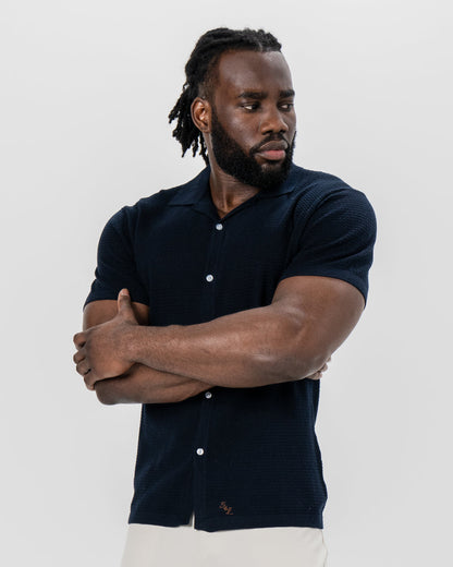 State & Liberty - Textured Knit Short Sleeve Button Down - Navy