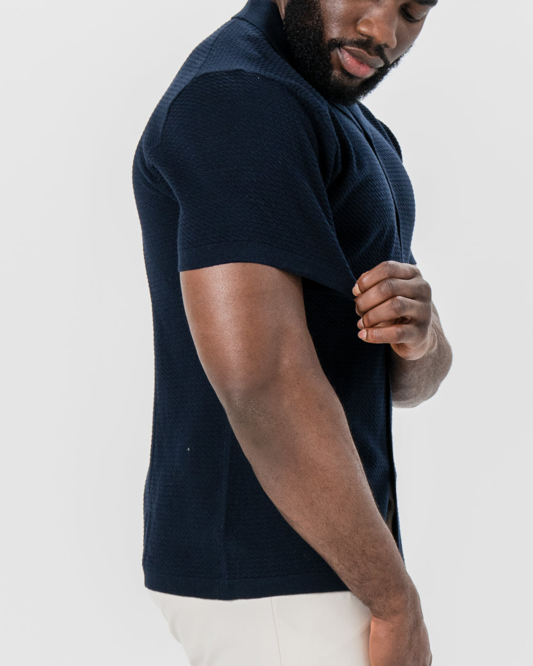 State & Liberty - Textured Knit Short Sleeve Button Down - Navy