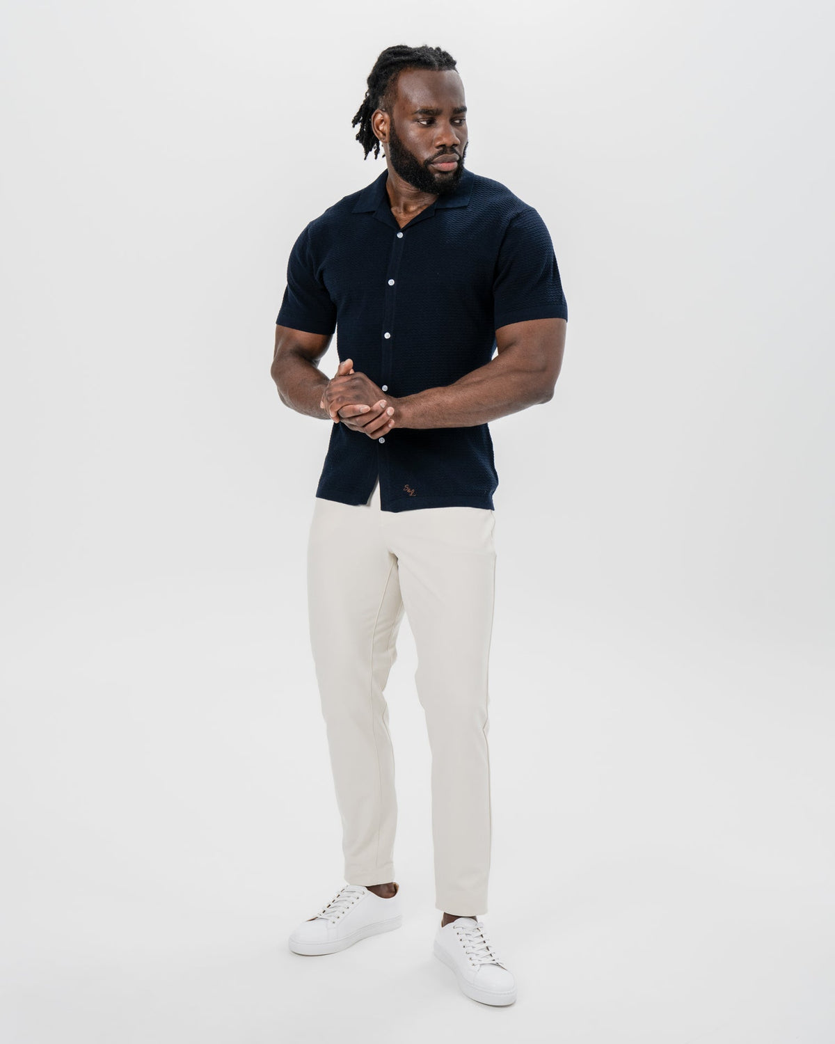 State & Liberty - Textured Knit Short Sleeve Button Down - Navy