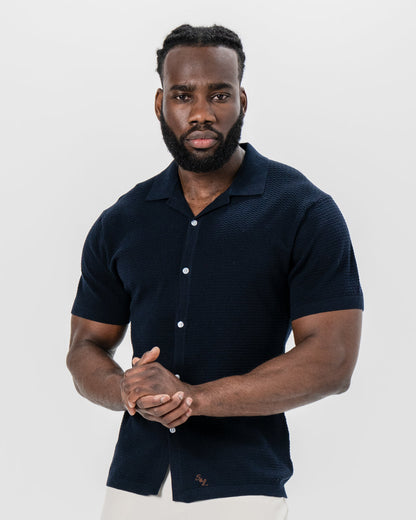 State & Liberty - Textured Knit Short Sleeve Button Down - Navy