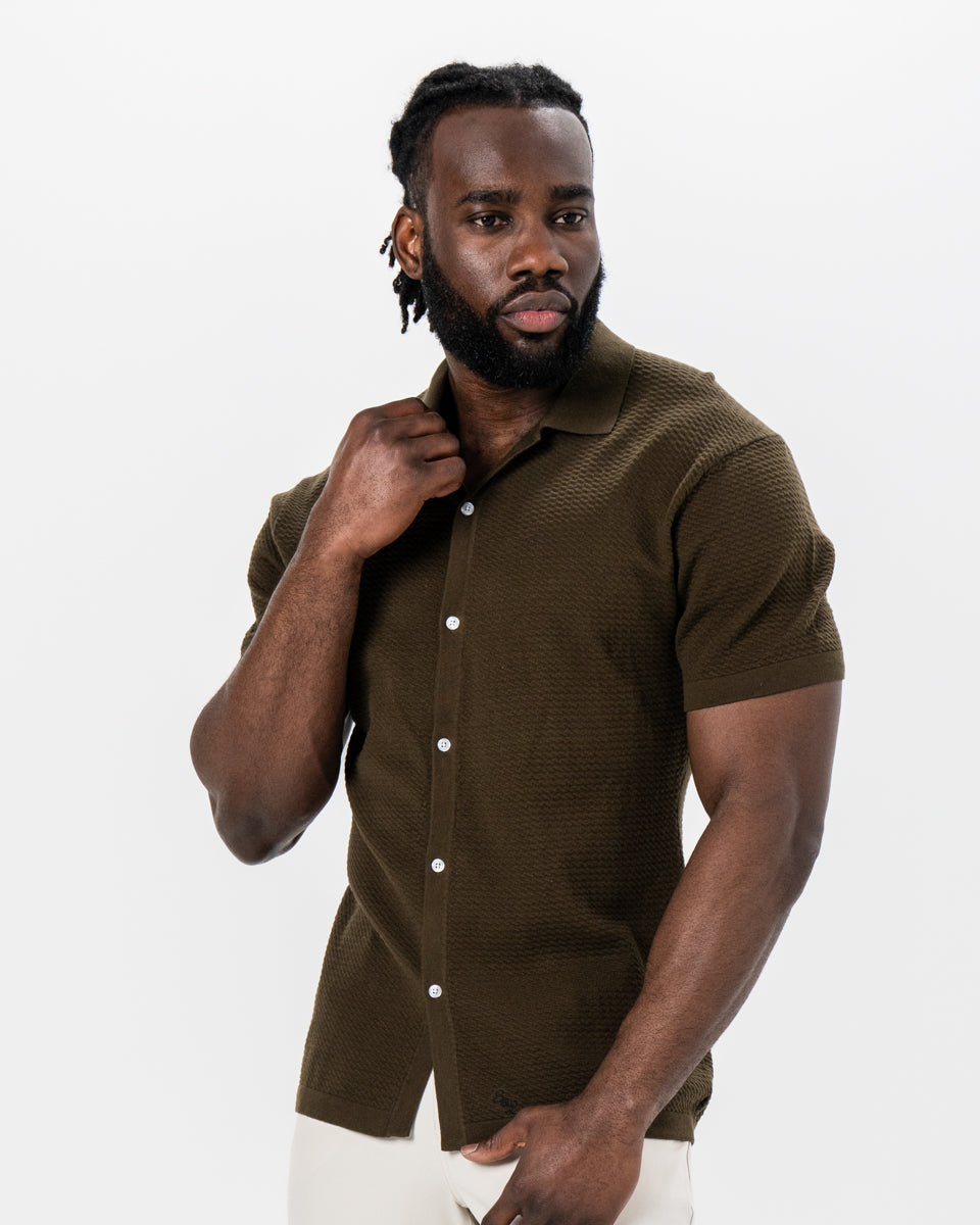 State & Liberty - Textured Knit Short Sleeve Button Down - Olive