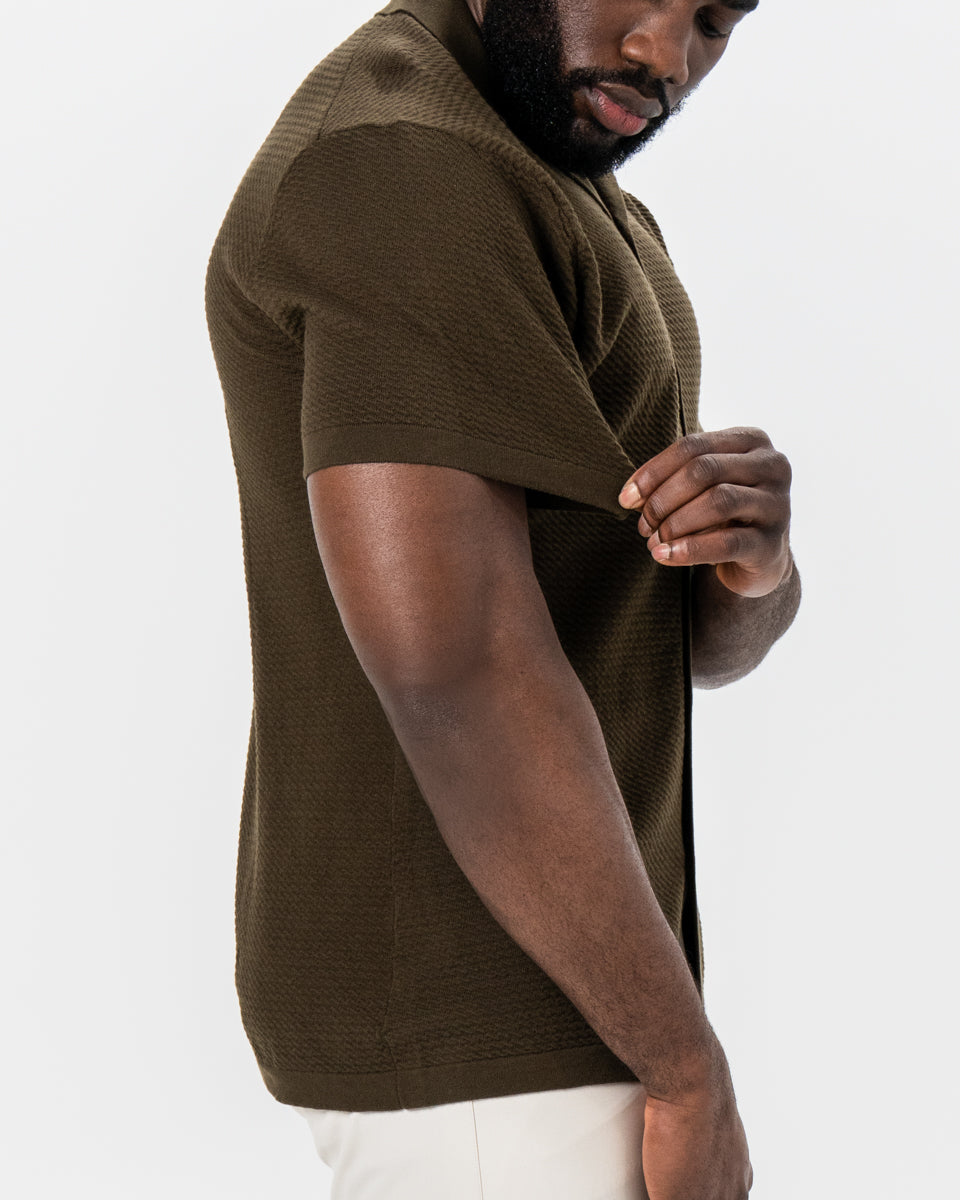 State & Liberty - Textured Knit Short Sleeve Button Down - Olive
